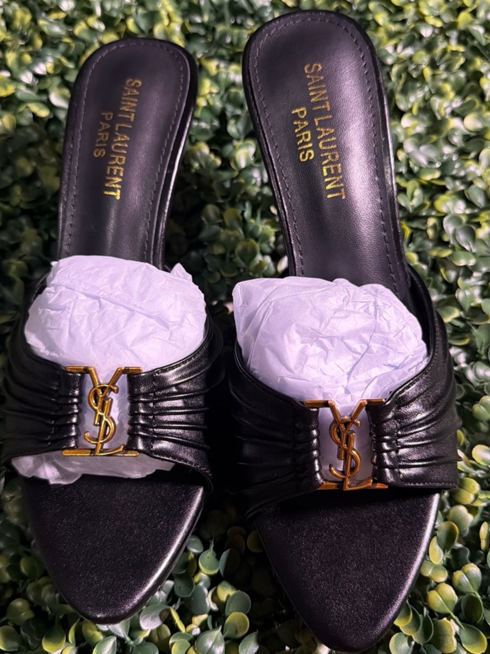 Saint Laurent Black Leather Slide Mules with Gold YSL Emblem